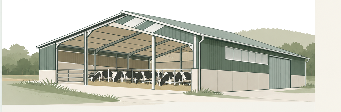 Ilustración arquitectónica de una nave agroganadera moderna integrada en el entorno rural